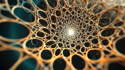 Wall Mural - a close-up view of a intricate, golden web-like pattern, spiraling inward towards a bright light