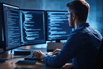 Software developer working on code at night in a modern office setting with multiple screens