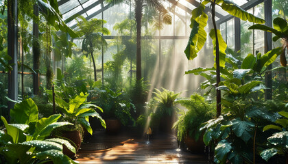  Empty product display podium out of polished dark wood in a lush botanical greenhouse, large glass windows, sunlight, towering tropical plants and ferns, Dewdrops, vibrant green leaves, ad, podium