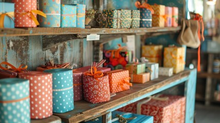 Wall Mural - A shelf full of colorful wrapped gifts with ribbons, sitting on a wooden shelf with a rustic background.