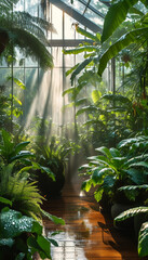 Empty product display podium out of polished dark wood in a lush botanical greenhouse, large glass windows, sunlight, towering tropical plants and ferns, Dewdrops, vibrant green leaves, ad, podium