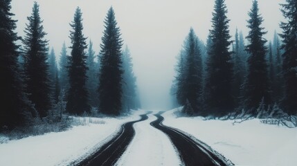 Wall Mural - Snowy pathway winding through a tranquil forest in early winter