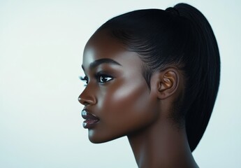 A woman with long, sleek hair poses gracefully during a beauty shoot in studio lighting