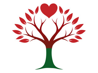 Valentine Tree Silhouette with Heart-Shaped Branches  and leaves Vector Illustration on White Background