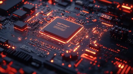 Wall Mural - glowing red cpu on a black motherboard.