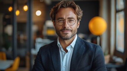 Professional man in stylish attire smiles confidently in a modern office, showcasing a welcoming atmosphere and contemporary design