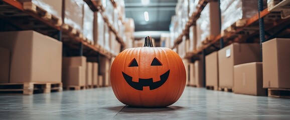 A carved jack-o-lantern pumpkin sits in the middle of a warehouse aisle, surrounded by stacked cardboard boxes.