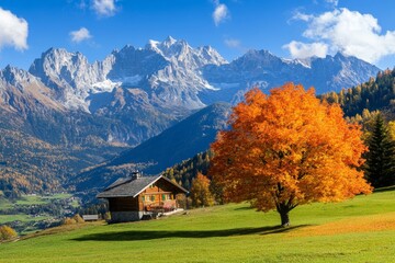 Wall Mural - Autumn landscape featuring vibrant orange tree, rustic wood house, green meadow, and blue alps