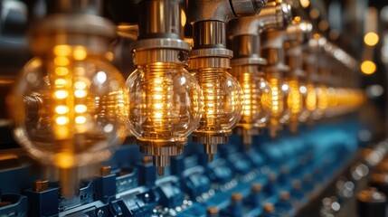 Close-up of a row of glowing LED light bulbs on a production line.