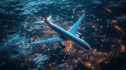 Wall Mural - a futuristic aircraft soars above a brilliantly illuminated city network, showcasing the vibrant int