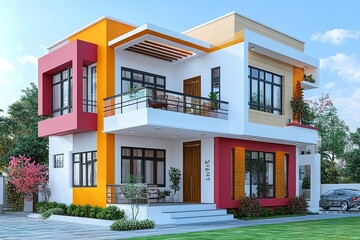 A modern, colorful two-story house with a balcony and a green lawn.