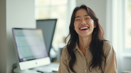 a young woman with long dark hair laughing heartily, head tilted back