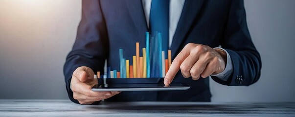 A businessman using a digital tablet to analyze growth data represented by colorful bar graphs, showcasing modern technology in a corporate setting.