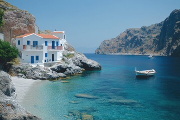 Traditional greek house overlooking tranquil turquoise bay on sunny summer day