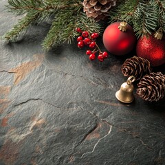 Poster - Red Christmas ornaments, pine branches, cones, and berries create a festive scene on a dark stone surface. A little bell adds a touch of holiday cheer.