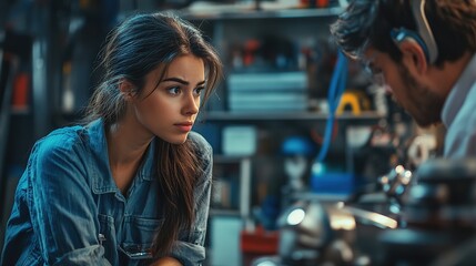 Female client attentively listening to a mechanic discussing the car repair plan, with tools and equipment in the background