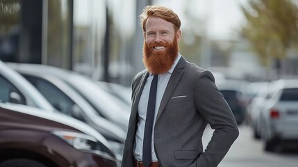 A cheerful bearded salesman in a tailored suit stands confidently outside a car dealership, showcasing a lineup of luxury vehicles in the background, with a bright smile and open body language