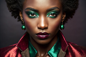 macro detailed portrait of black female model with fashionable makeup and shiny clothes