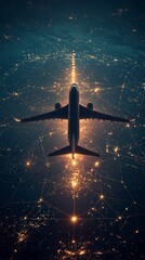 Wall Mural - aerial view of an airplane soaring over a vast, illuminated network of golden lights, symbolizing th