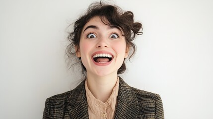 Young woman with a bright smile and wide eyes, dressed in business attire, embodying excitement and inspiration, standing in front of a minimalist white wall