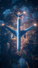 Wall Mural - a commercial airplane hovers above a glowing digital network, symbolizing global connectivity, trave