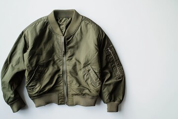 Olive green bomber jacket laid flat on a light background showcasing its stylish design and details