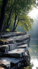 Poster - A rocky cliff overlooks a river