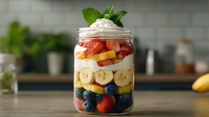 Wall Mural - Fresh Fruit Parfait in Glass Jar with Whipped Cream