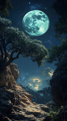 Wall Mural - a moon is shining brightly in the sky above a forest