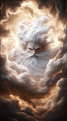 A powerful depiction of a god, with a long white beard and hair, emerging from the clouds.