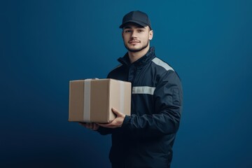 delivery person wearing a cap holds a parcel in front of a blue background in a studio setting