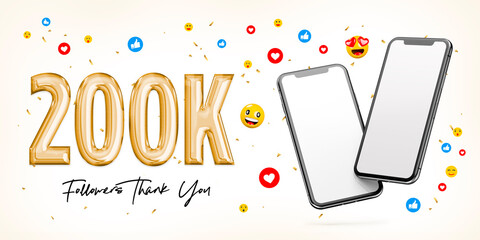 200k followers celebration. with two blank white screen smartphones. posting on social media. advert