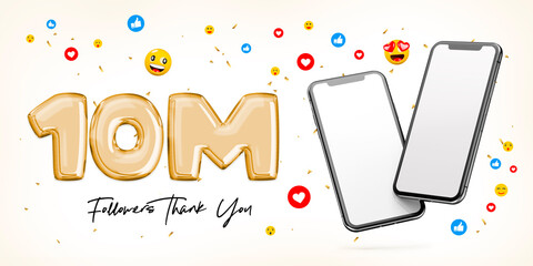 10 Million followers celebration. With two blank white screen smartphones. Posting on social media. Advertising banner. 3D rendering