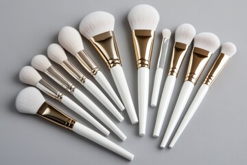 A set of professional makeup brushes arranged neatly on a gray background for beauty enthusiasts and artists