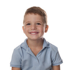 Portrait of cute little boy on white background