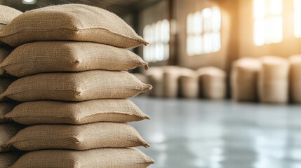 Stack of ricefilled burlap sacks in an old warehouse, soft sunlight streaming in, rice burlap sack, rural trade and commodity storage concept