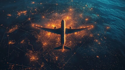 Wall Mural - this image shows a jet airplane soaring over a bright earth, highlighted with abstract network patte