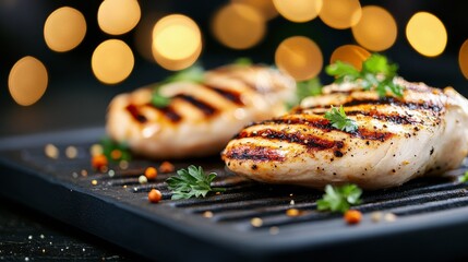 Sticker - Grilled chicken cutlets garnished with herbs and served with a flavorful green sauce