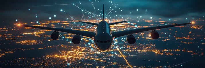 Wall Mural - a jet aircraft flies against a night sky, set against a backdrop of abstract glowing lights, emphasi