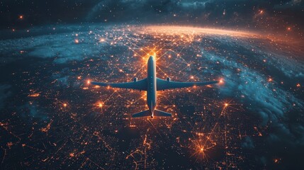 Wall Mural - a stunning aerial view of an airplane flying over a city illuminated by vibrant lights, with network