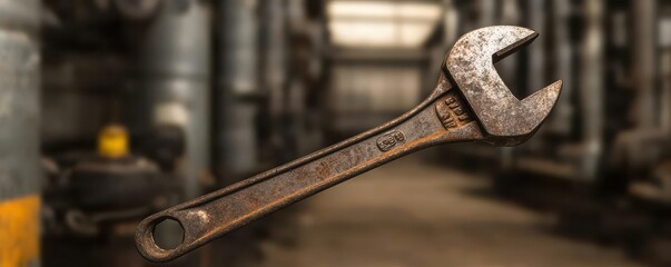 Rusty adjustable wrench in a factory setting, blurred background.