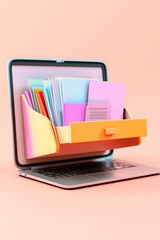 Wall Mural - advanced document management , laptop with a drawer filled with document on a peach background. Digital File Organization.