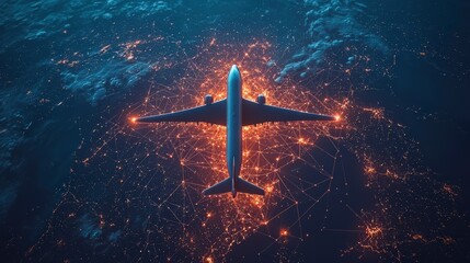 Wall Mural - a majestic airplane flies over a vividly illuminated global network, representing connectivity, trav