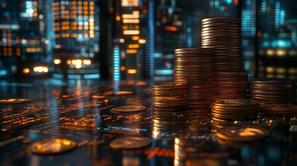 Stacks of coins on a wet surface reflecting colorful lights at night in an urban setting