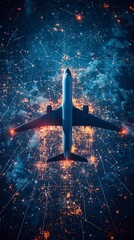 Wall Mural - a futuristic airplane soars above an illuminated cityscape with glowing lights and digital network p