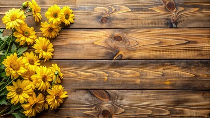 Poster - Vibrant yellow flowers arranged on rustic wooden surface with natural beauty. Generative AI