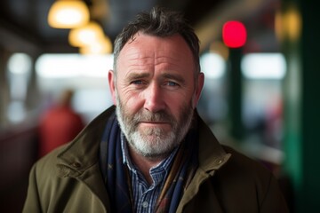 Portrait of a handsome mature man with beard and mustache in a cafe.