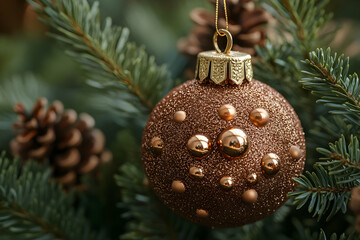 Sticker - A festive bronze ornament hangs among green pine branches, accented by pine cones, evoking a cozy holiday atmosphere.