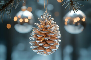 A glittering pinecone ornament hangs amidst shimmering silver baubles, capturing the essence of a magical winter holiday scene.