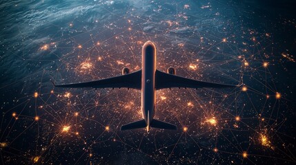 Wall Mural - a jet is depicted flying over a network of bright, illuminated cityscapes, demonstrating the beauty 